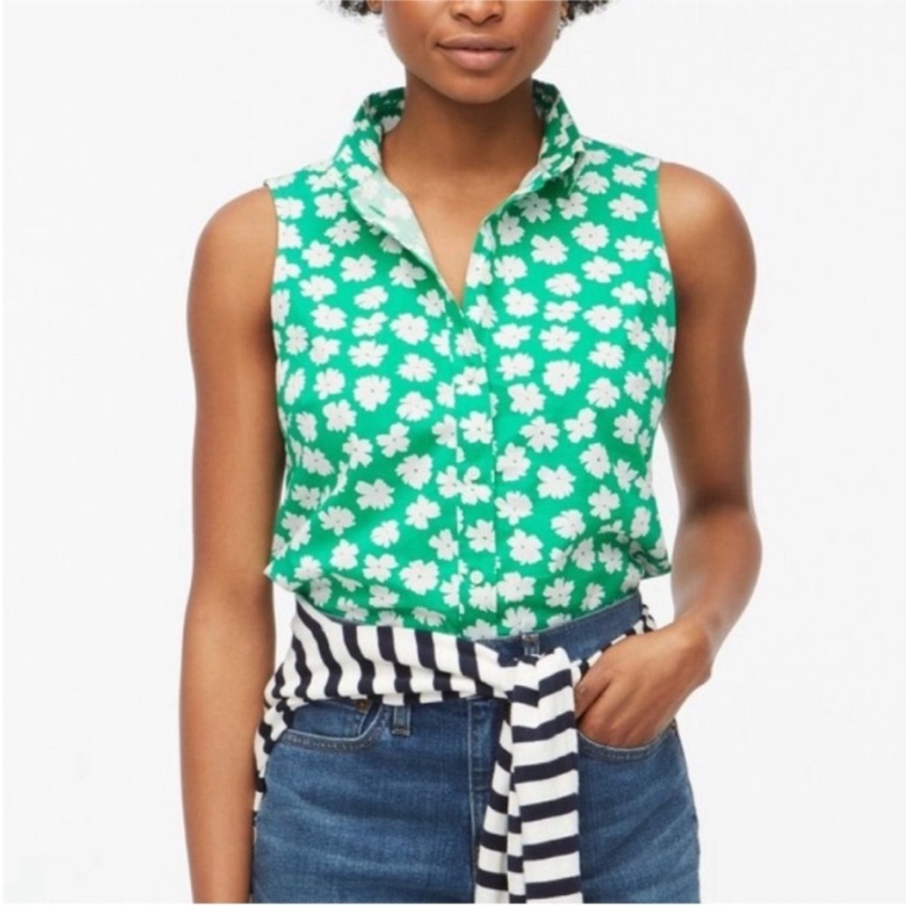 J. Crew Factory Signature Fit top green floral poplin sleeveless button front